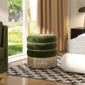 Olive Performance Velvet Round Ottoman With Fringe