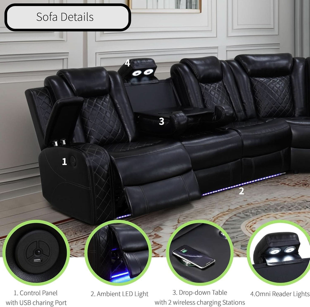 Power Recliner Sectional Sofa Black With LED Lights-2