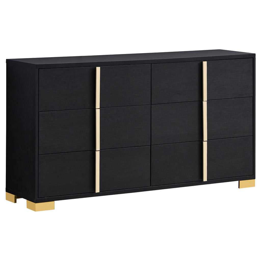 Medici Black 6-Drawer Dresser with Gold Accents - Engineered Wood, Neutral Black Finish, 58.5in W x 16.25in D x 33in H