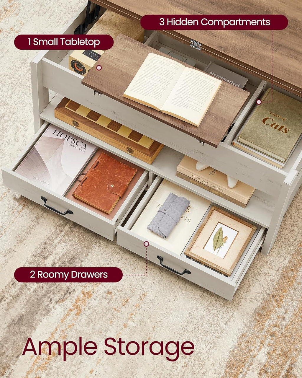 Two Tone Lift Top Coffee Table Concealed Compartments