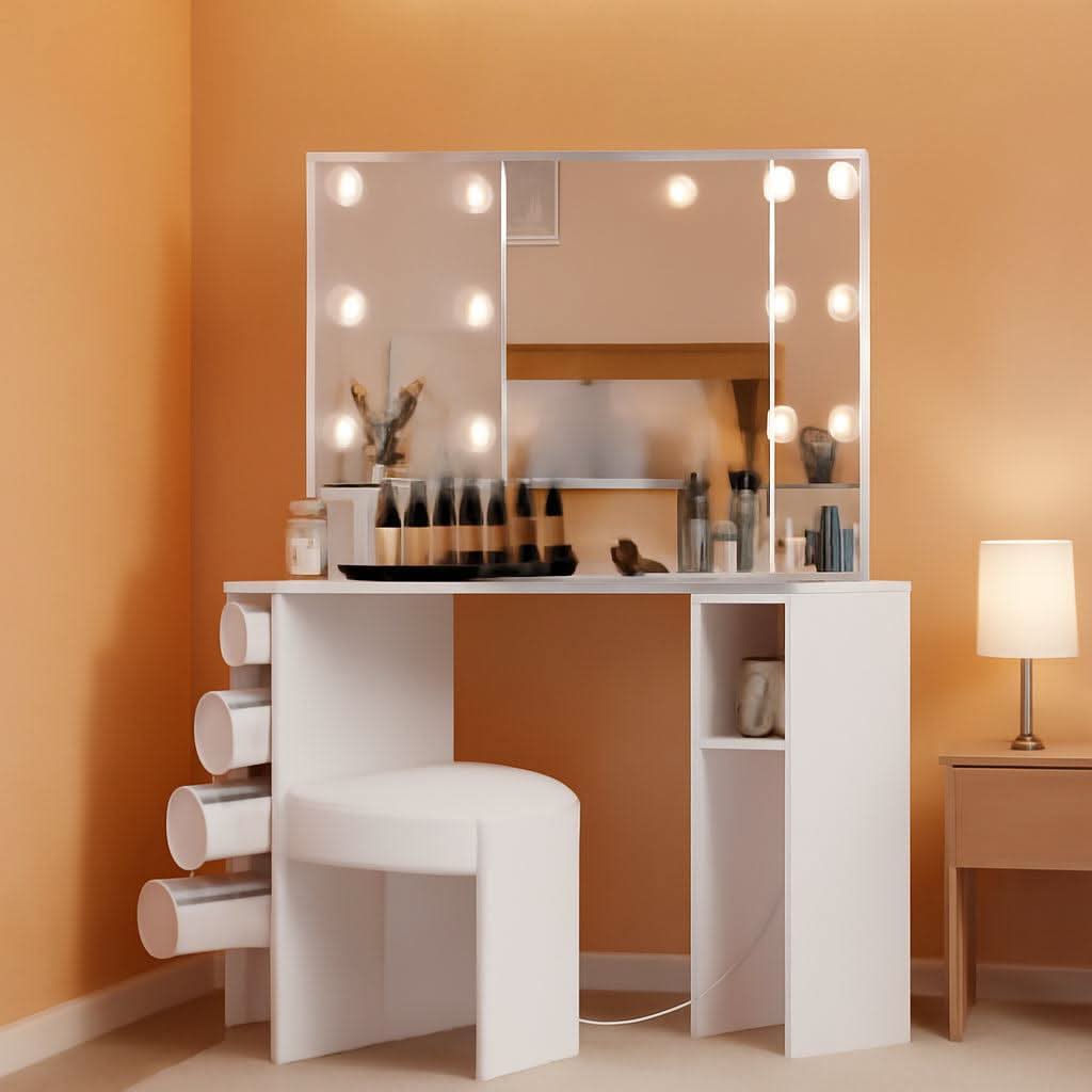 White Corner Vanity Desk With Illumination Modules-0