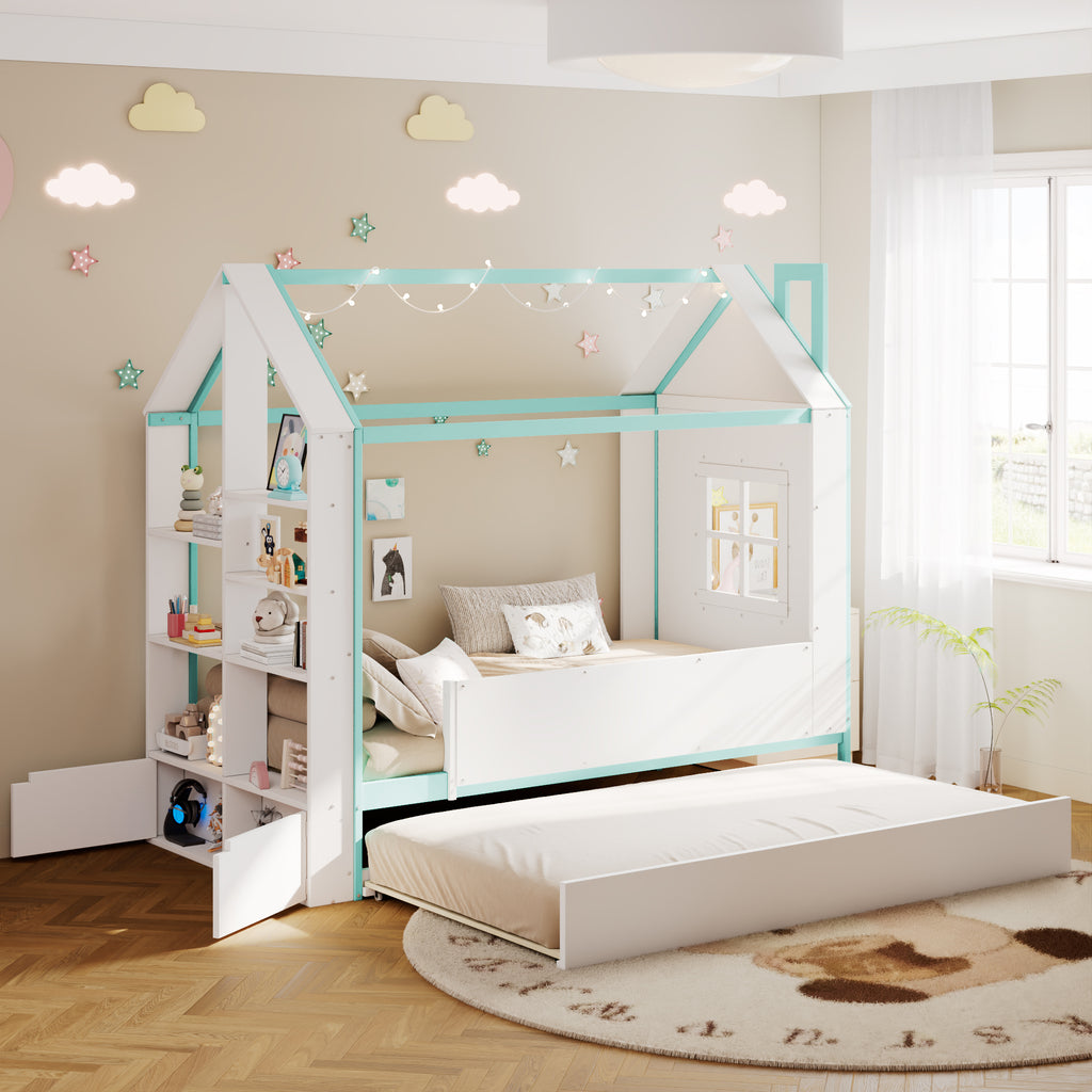 Twin Size House Bed Frame with Pull-Out Trundle