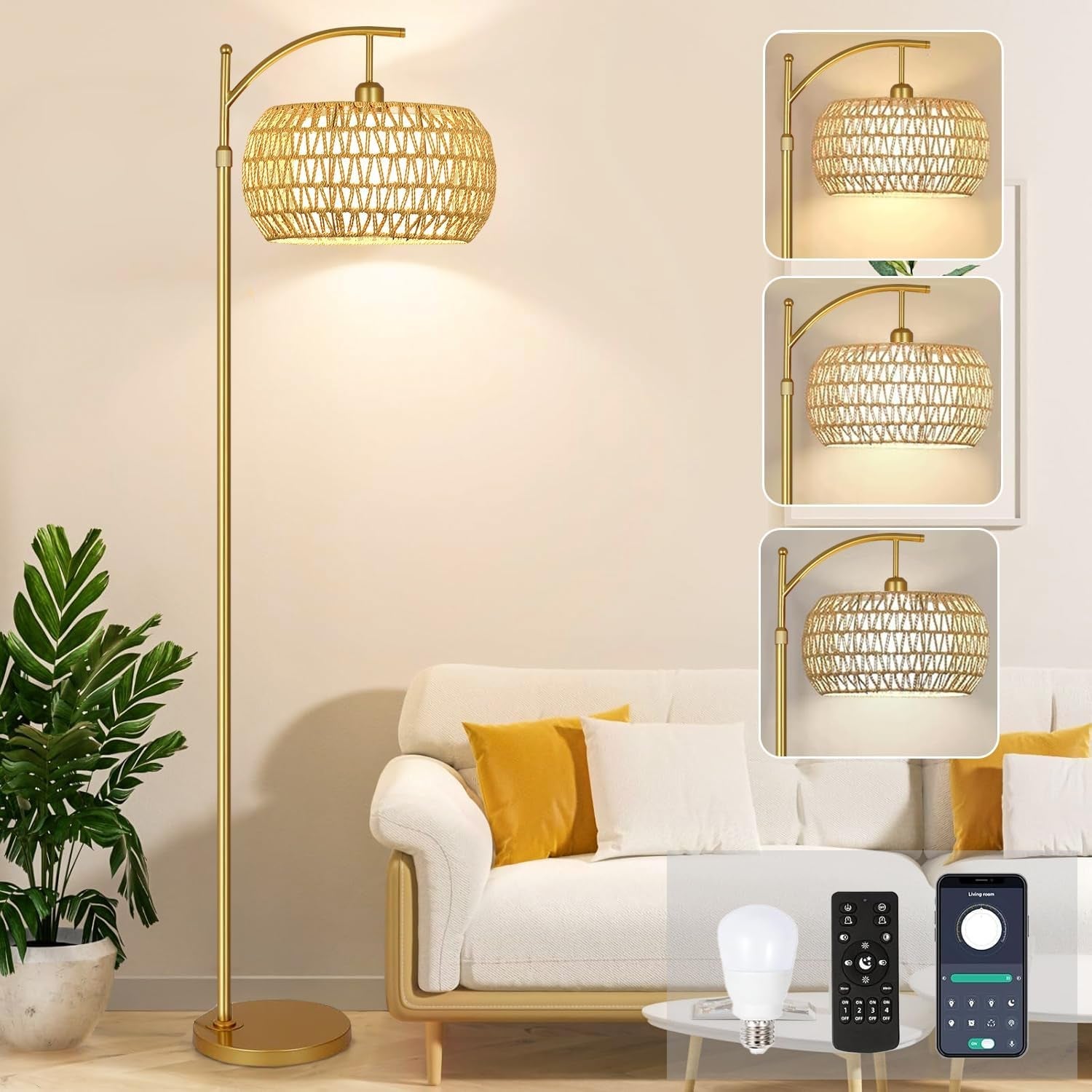 Gold Arc Floor Lamp Remote Dimmable Boho Rattan Shade-0