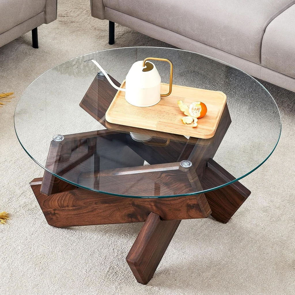Walnut Round Glass Tempered Coffee Table 33.4I nches