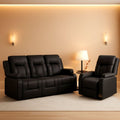 Black Leather Upholstered Manual Recliner Sofa Set-0