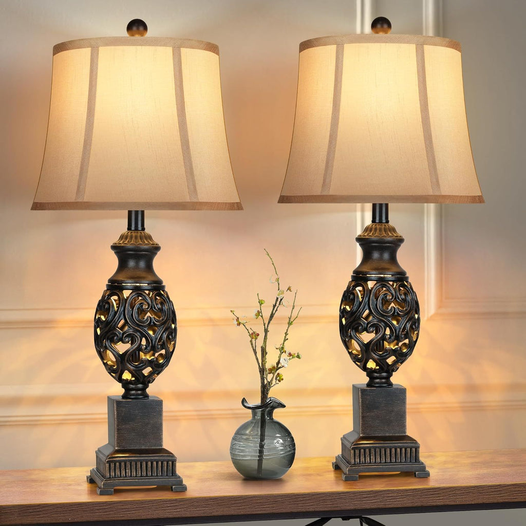 Table Lamps Set of 2.28'' Tall Bedside Lamp with Nightlight, Rustic Farmhouse Nightstand Lamps with Linen Shades for Living Room Bedroom End Table(Black)