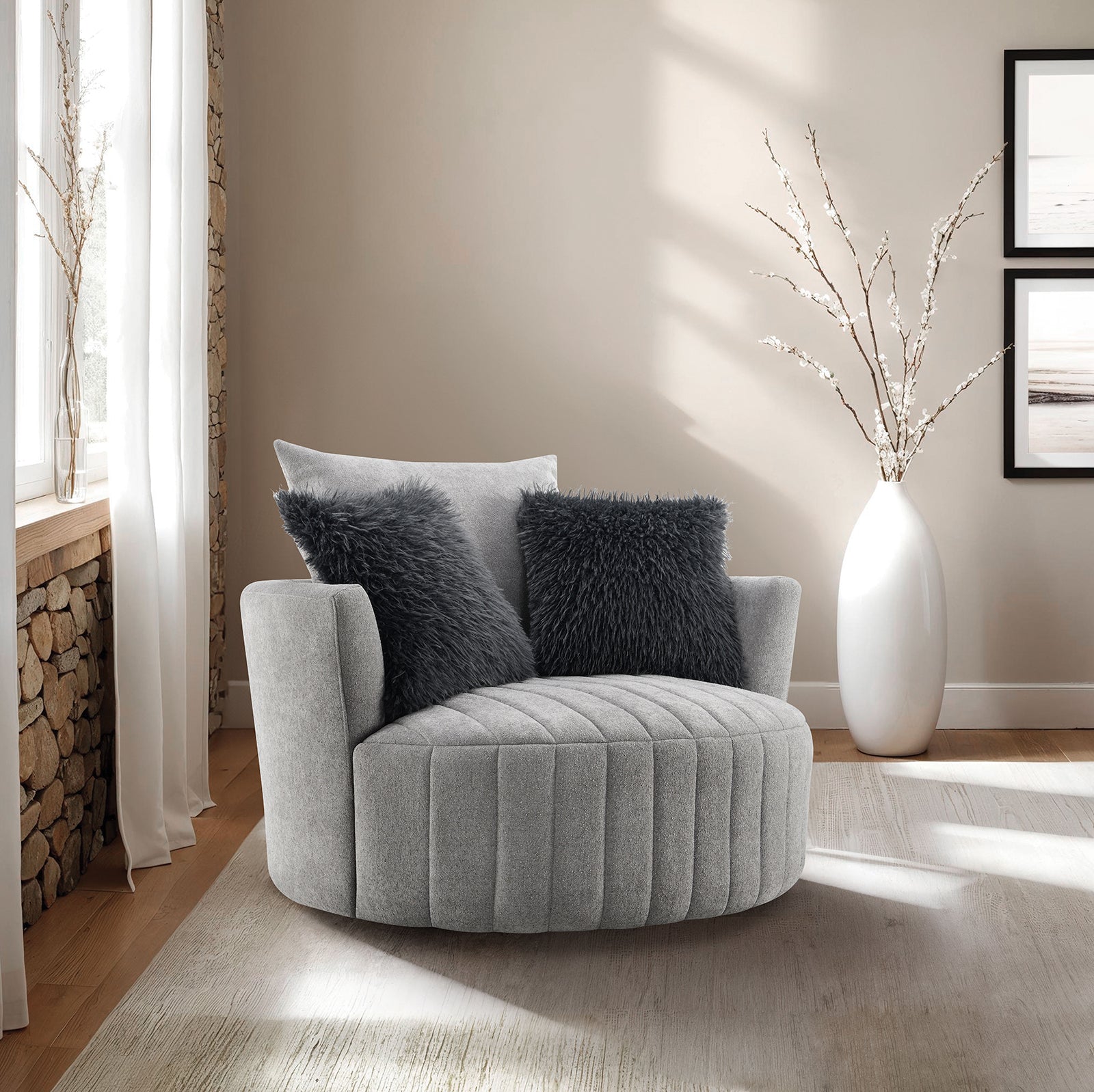 Light Gray Finish Transitional Style 1pc Channel Tufted Swivel Round Chair Scattered Back Pillow Primary living Room