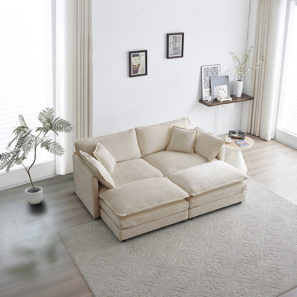4 - Piece Upholstered Sectional Sofa, 1 - Piece of 2 Seater Sofa and 2- Piece of Ottomans , 2 Seater Loveseat Lounge with Ottomans , Light Coffee Chenille