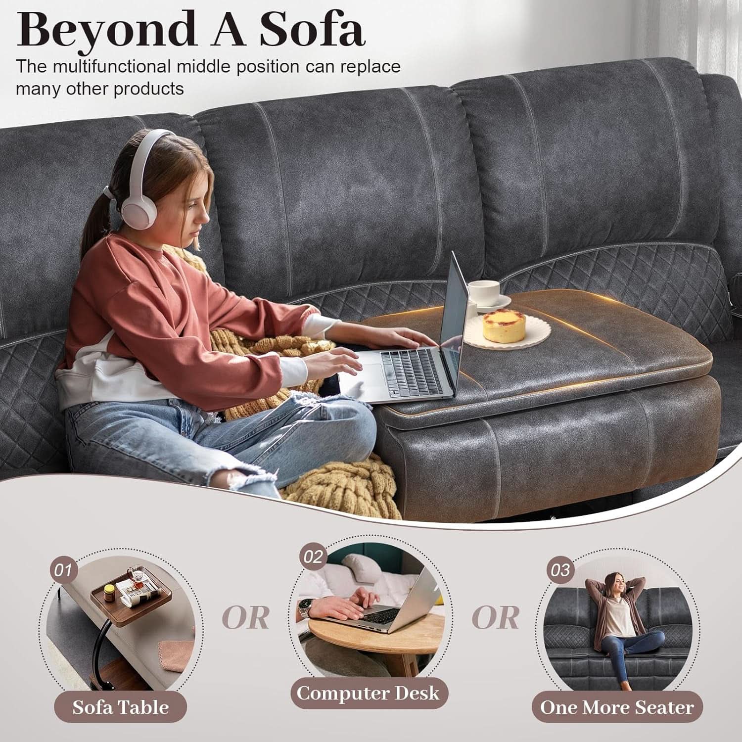 Grey Three Seater Manual Recliner Sofa Modern Living Room-2