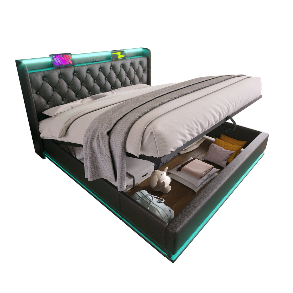 Full size Upholstered bed, 360 surround LED function, Buttons/Apps/Remote Control, hydraulic storage bed with USB Type-C charging, Black, PU (Without mattress)
