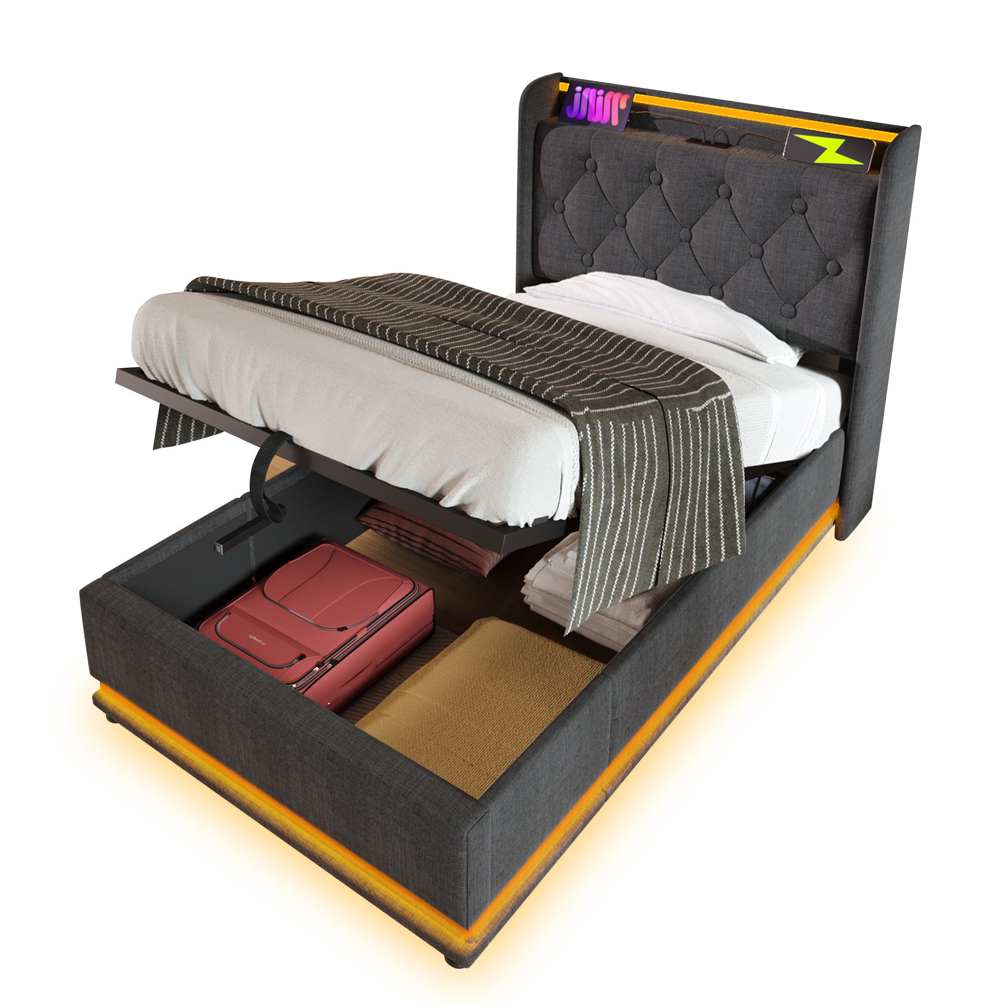 Twin size Upholstered bed, 360 surround LED function