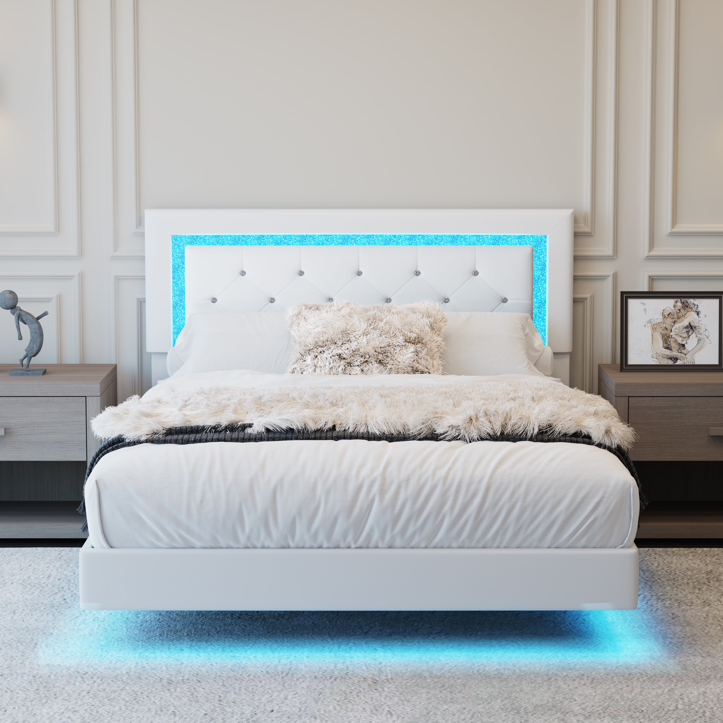 Full Size Bed Frame with Headboard, Floating Bed Frame with LED Lights, Upholstered Platform Bed with Diamond Tufted Headboard, No Box Spring Required, Beige