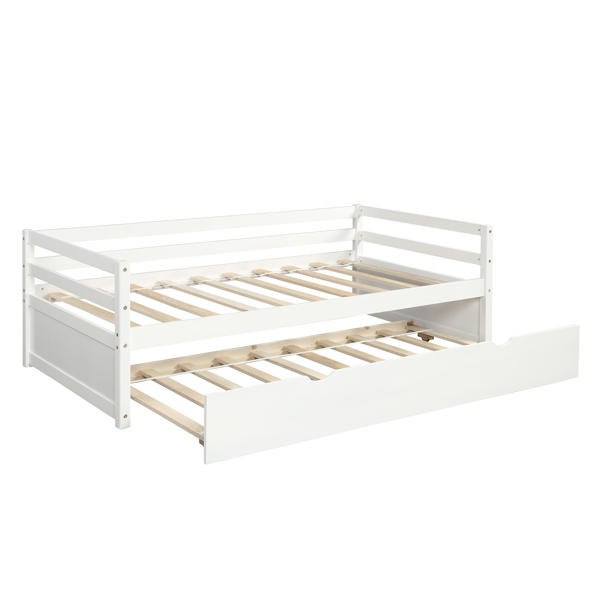 White Twin Daybed with Trundle Frame Set, Pine Wood and MDF, 76''L x 41.7''W x 25.9''H
