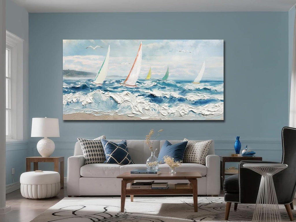 Large Blue 40x20 Inch 3D Textured Ocean Wave Canvas Art-2