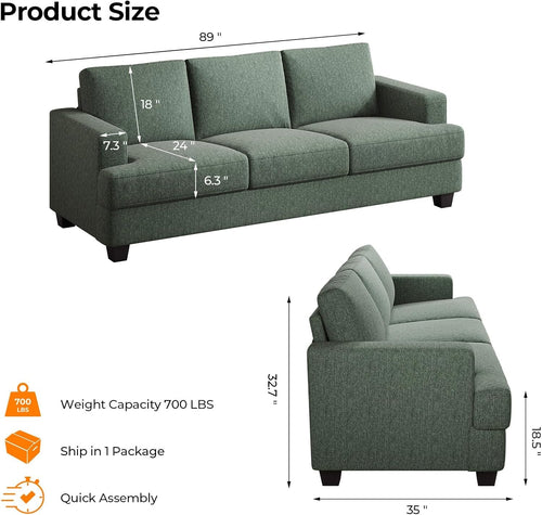 89Inch Sofa With ExtraDeep Seats Light Green Premium Fabric Upholstery-1
