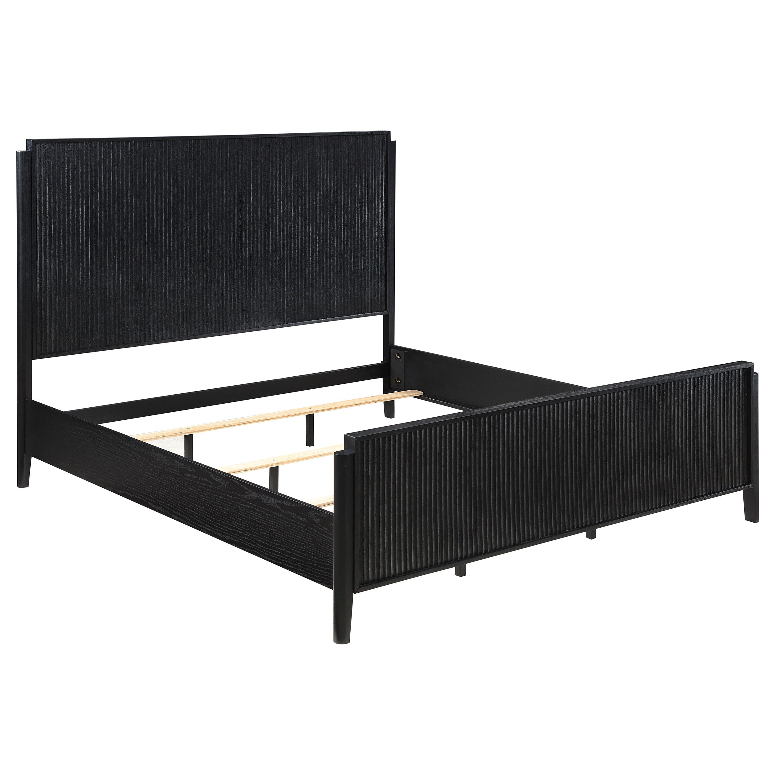 Mason Black Panel Bed with Fluted Design, Wood Frame, Modern Style, Black Finish, Queen Size