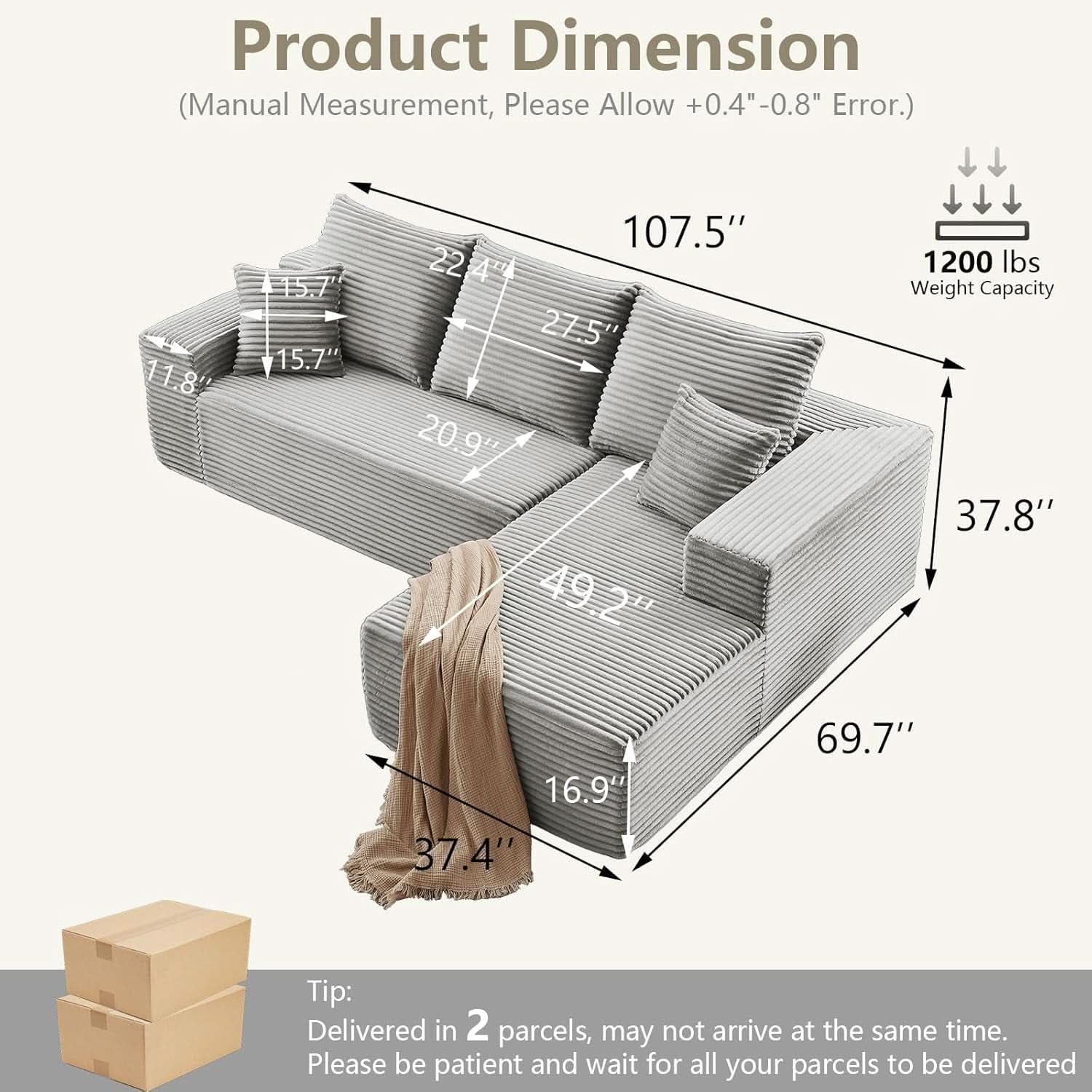 107 Inch Grey Corduroy L Shaped Modular Sleeper Sofa-1