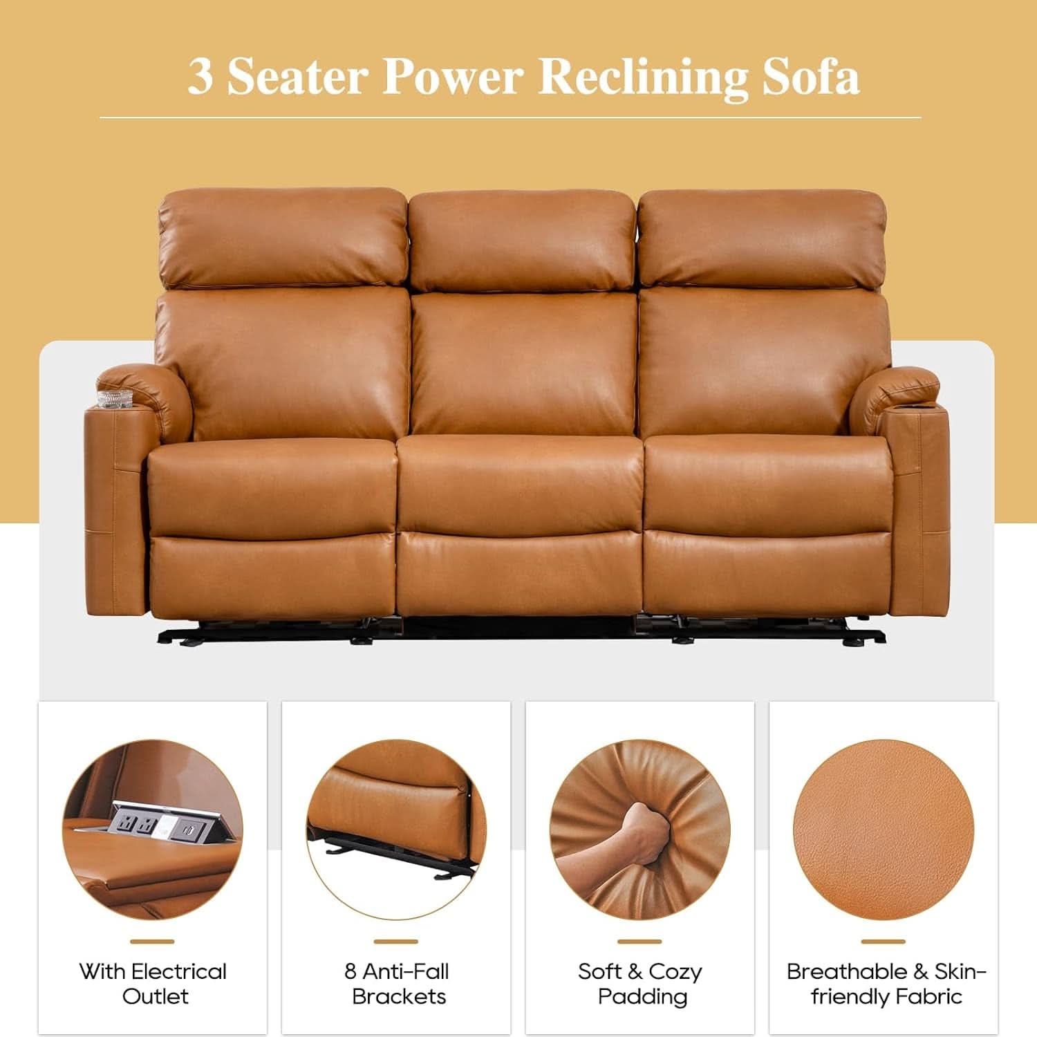 Power Reclining Sofa Brown PU Leather Independent Backrests-3