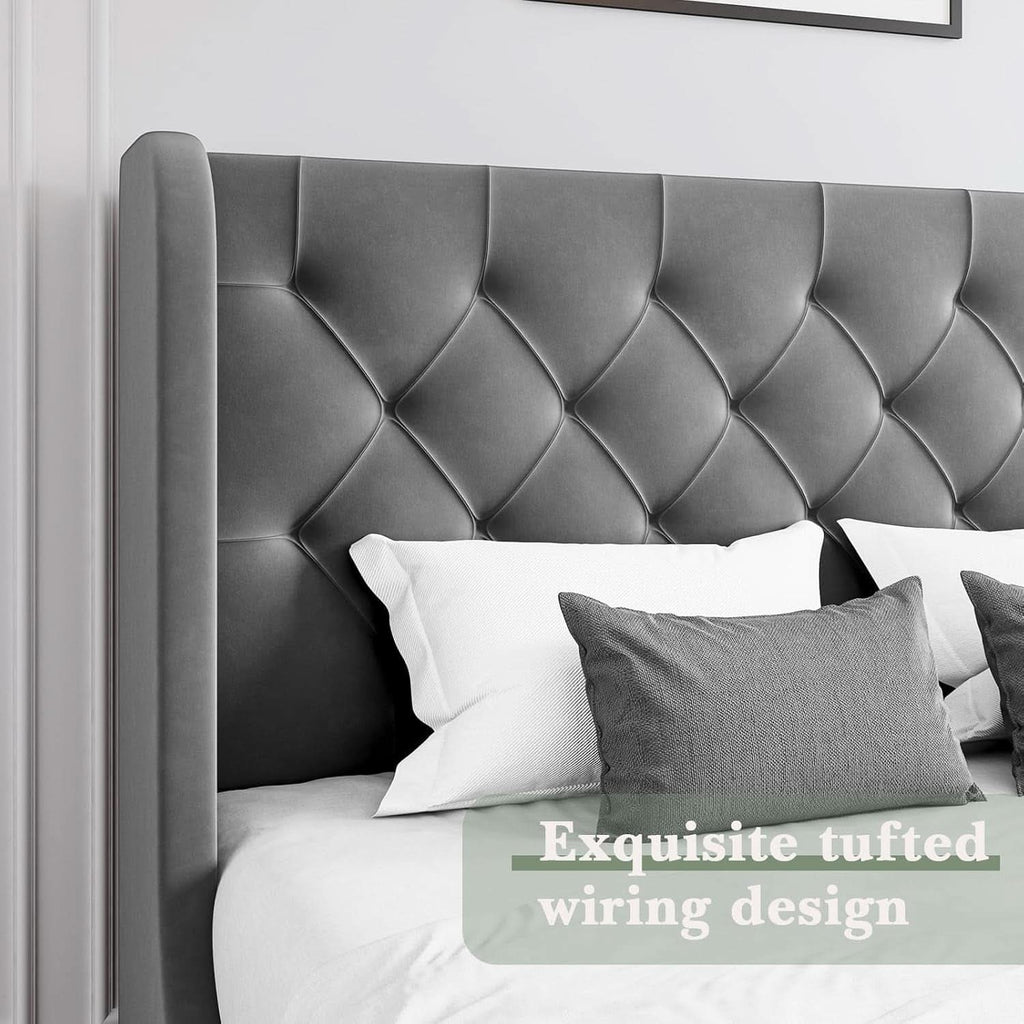 Grey VelvetLux Upholstered King Bed Frame Wing back-4