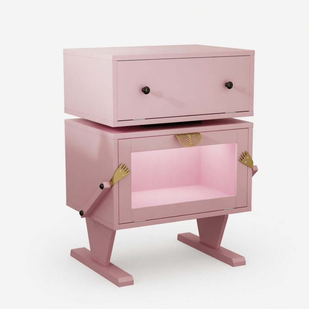 Pink Robot LED Nightstand with 360° Rotating Drawer