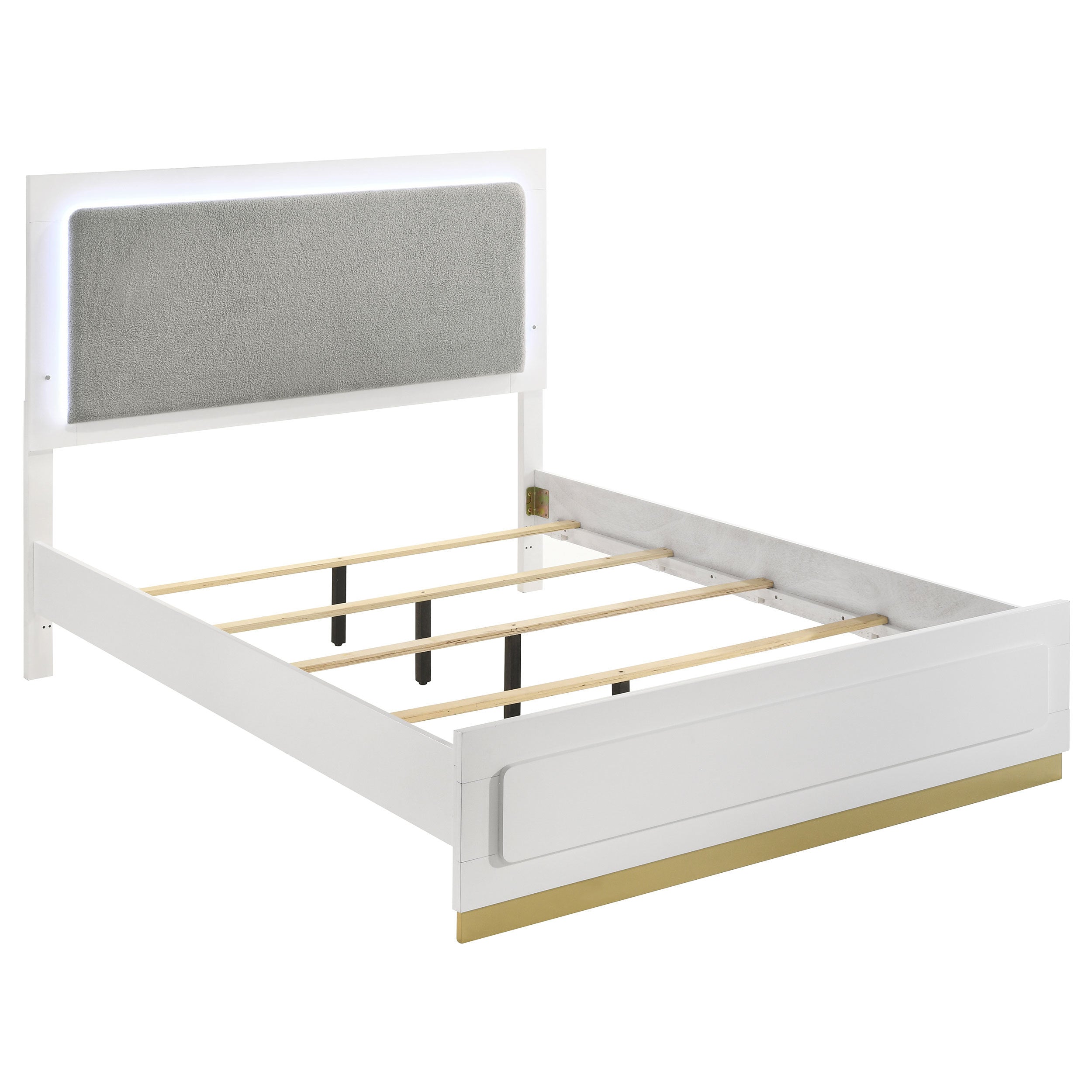 Sophia White 5-Piece Queen Bedroom Set with LED Lighting and Gold Accents in White Finish on Wood Frame, Light Grey Upholstery, 84.25L x 63.5W x 55.25H inches