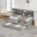 Light Grey Twin Size Wooden Captain Bed with Built-in Bookshelves, Three Storage Drawers, and Trundle, Solid Pine Wood and MDF