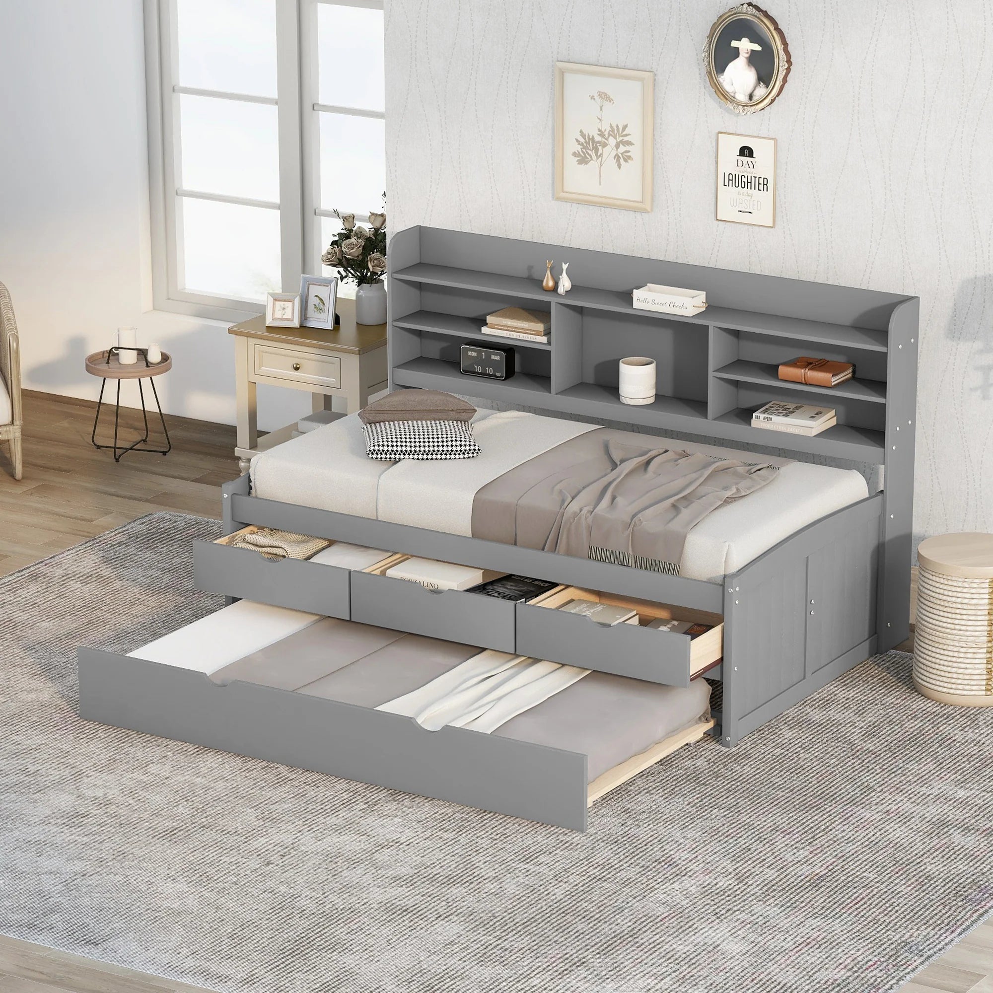 Light Grey Twin Size Wooden Captain Bed with Built-in Bookshelves, Three Storage Drawers, and Trundle, Solid Pine Wood and MDF