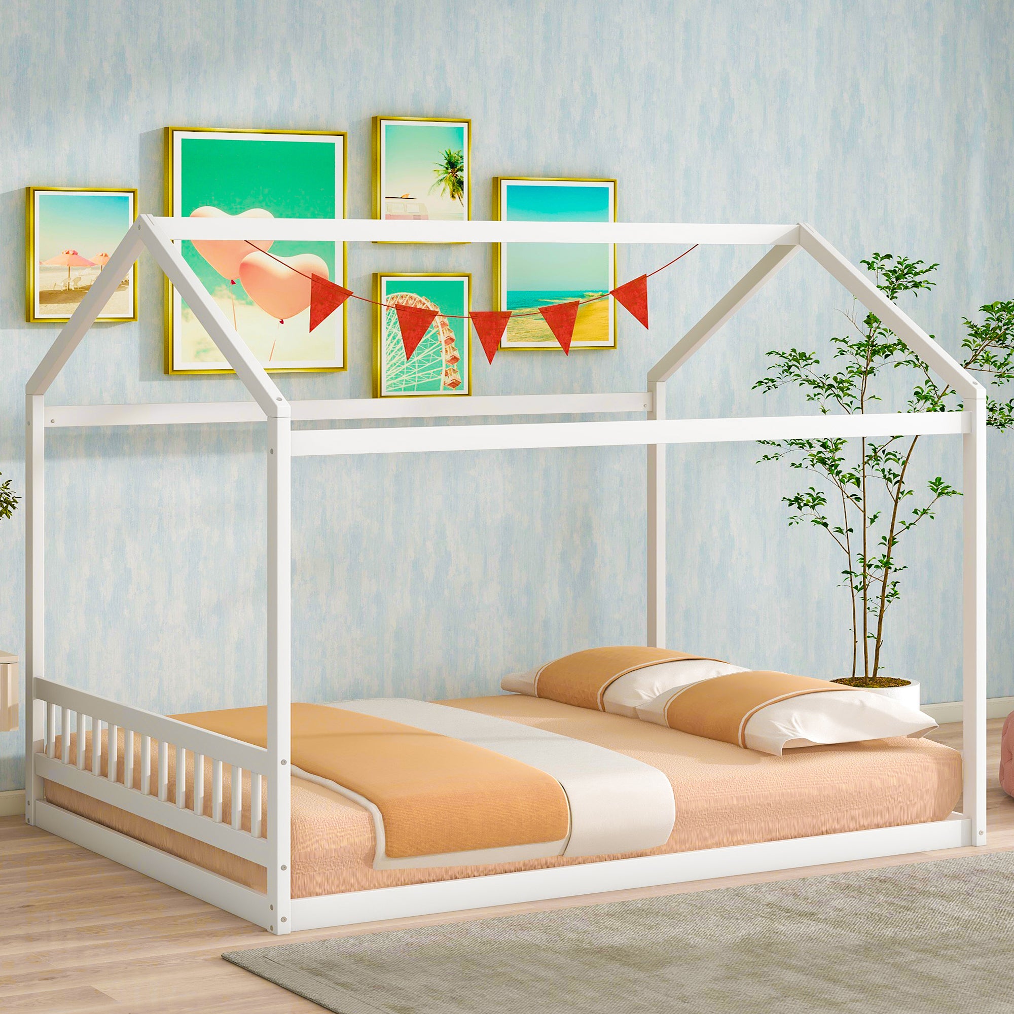 White Queen Size Wooden House Bed with Headboard, Pine Wood and MDF, 82.7''L x 63''W x 70.9''H