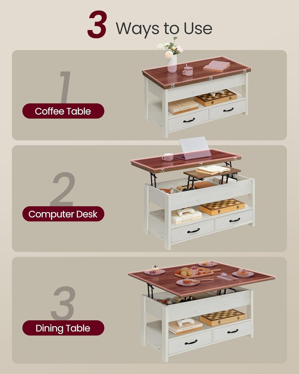 Two Tone Lift Top Coffee Table Concealed Compartments