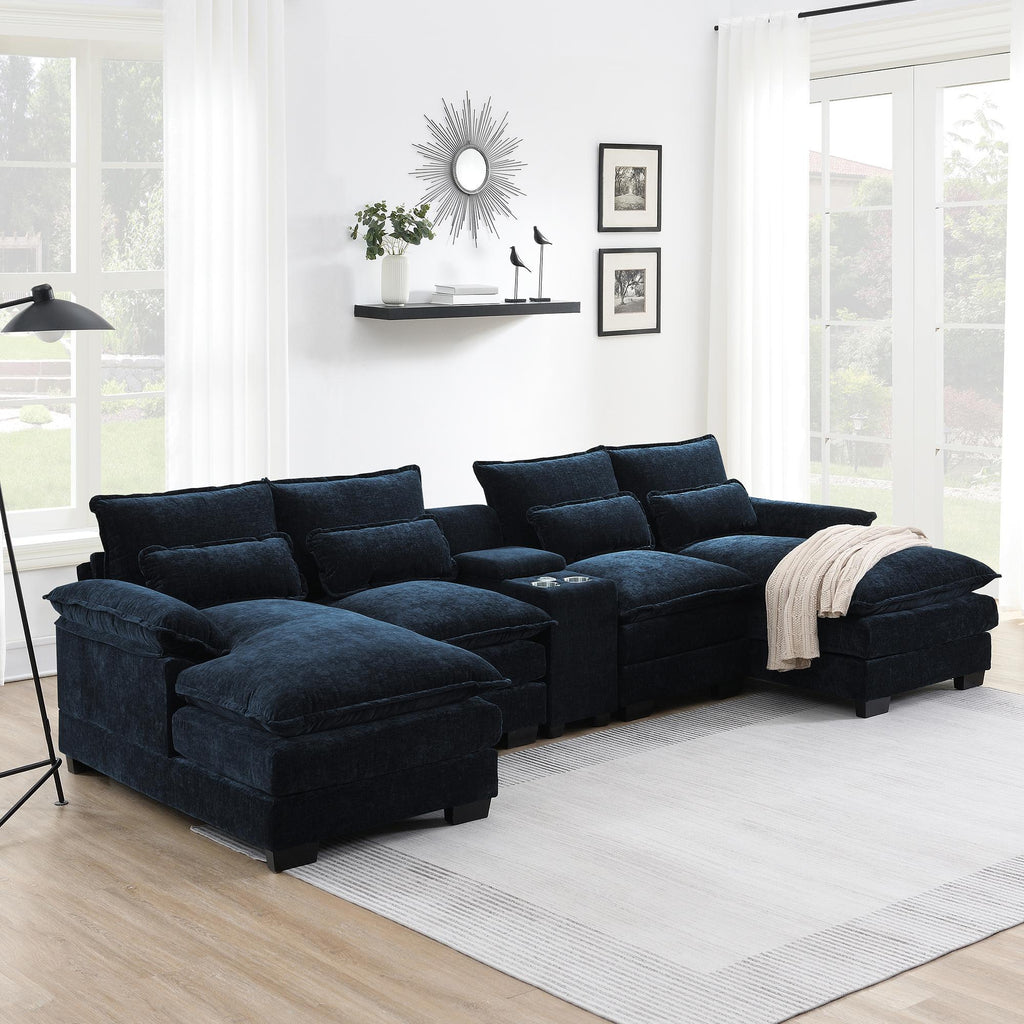 123*55'Modern U-shaped Sectional Sofa with Console,Cup Holders and USB Charger,6 Seat Upholstered Symmetrical Indoor Furniture,Comfy Chenille Cloud Couch with Chaise for Living Room,Apartment,5 Colors