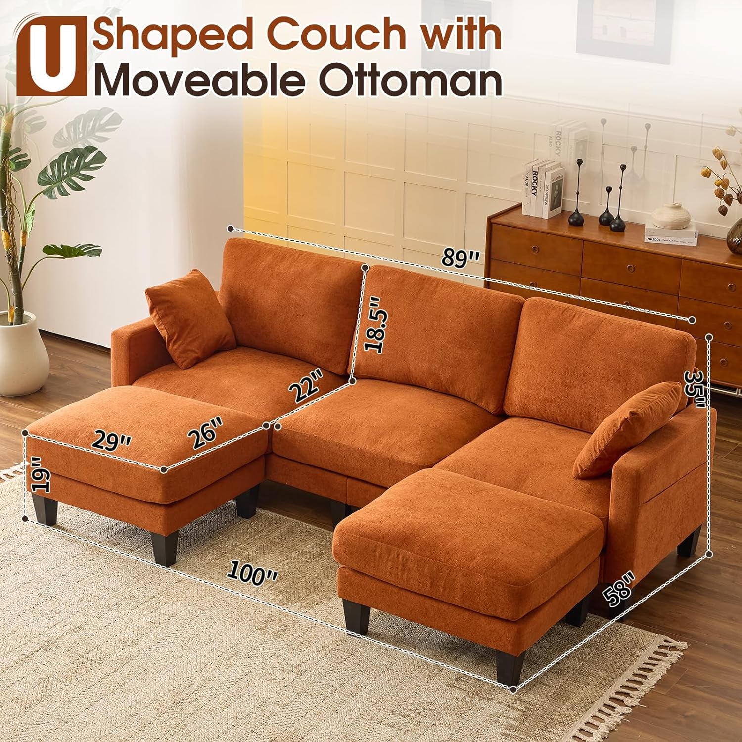One HundredInch U Shaped Sofa Plush Chenille Ottoman Orange-1
