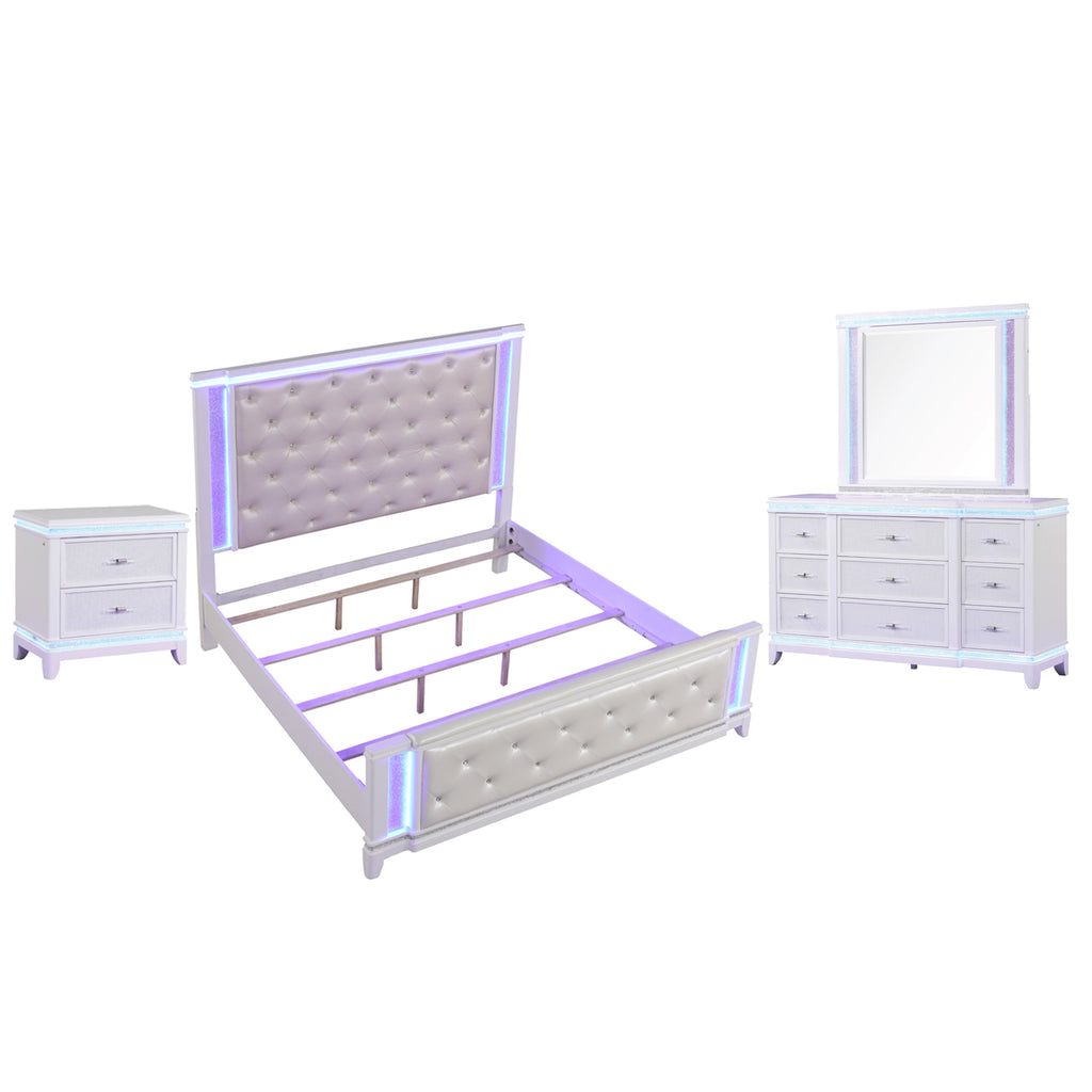 OPIUM Queen 4-Piece Bedroom Set in Milky White with Lacquer Finish, Modern Luxury Bed, Dresser, Mirror and Nightstand