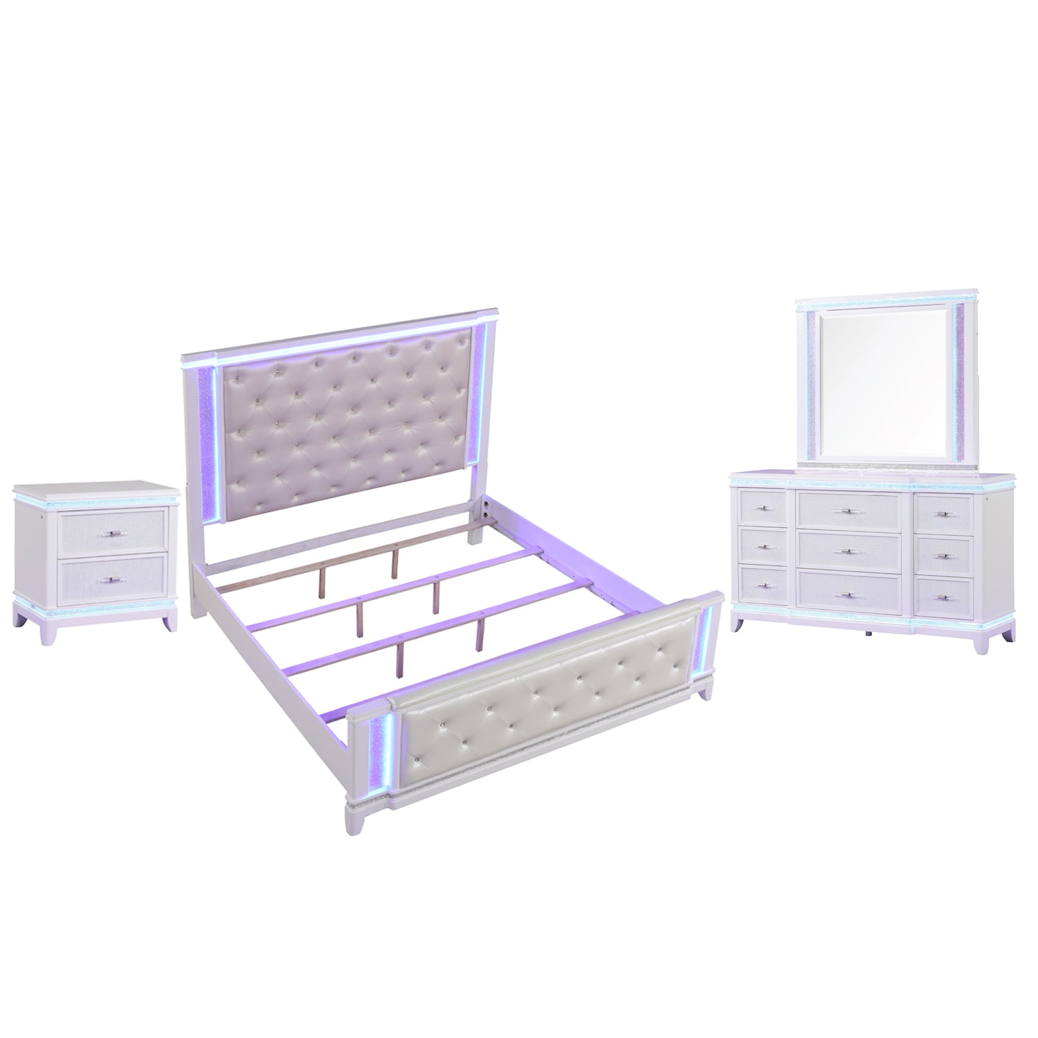 OPIUM Queen 4-Piece Bedroom Set in Milky White with Lacquer Finish, Modern Luxury Bed, Dresser, Mirror and Nightstand