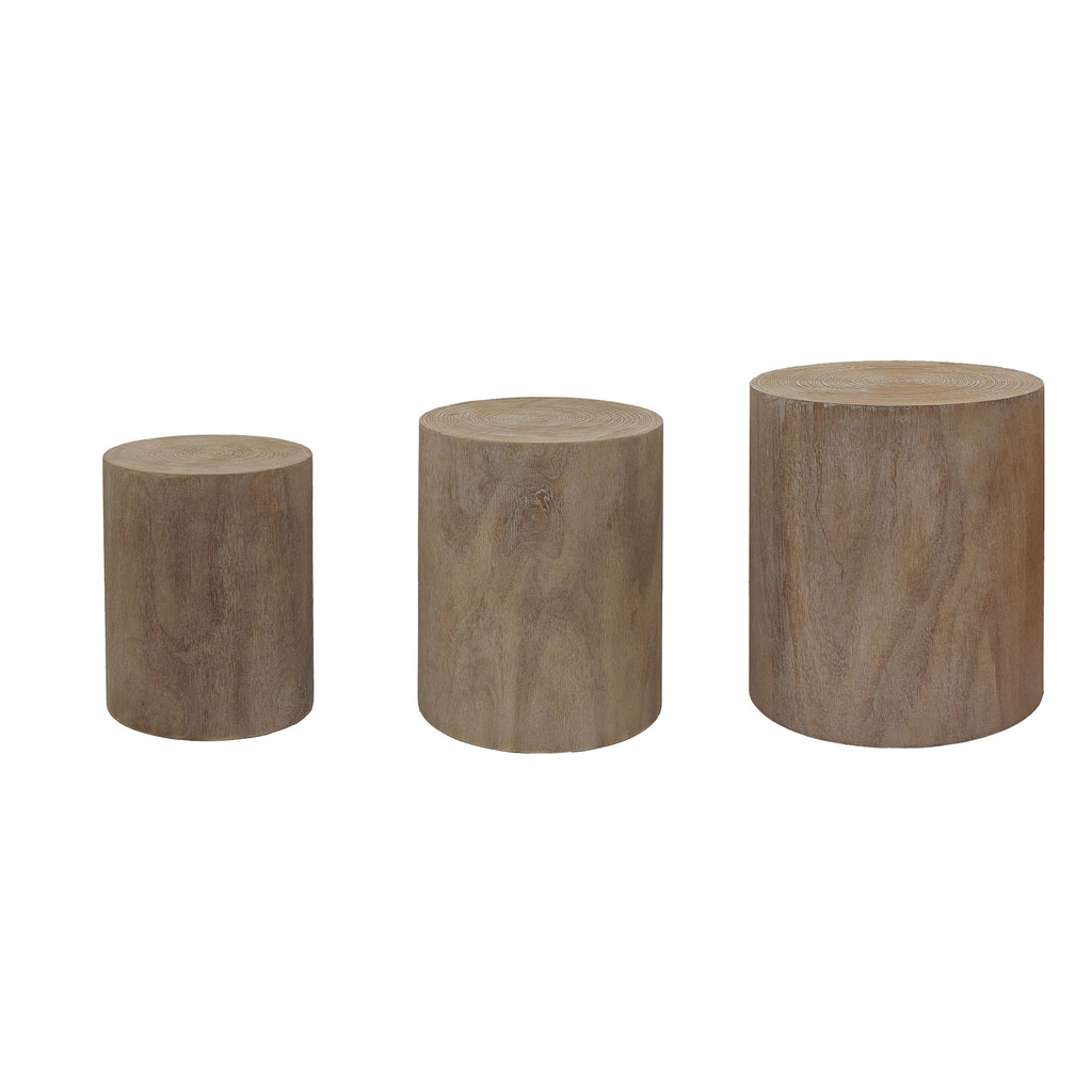 Set of 3 Natural Wood Cylinder Nesting Tables