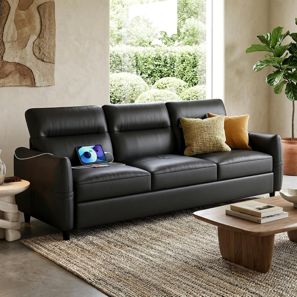 85Inch Black Faux Leather Executive Sofa USB Charging Ports-0