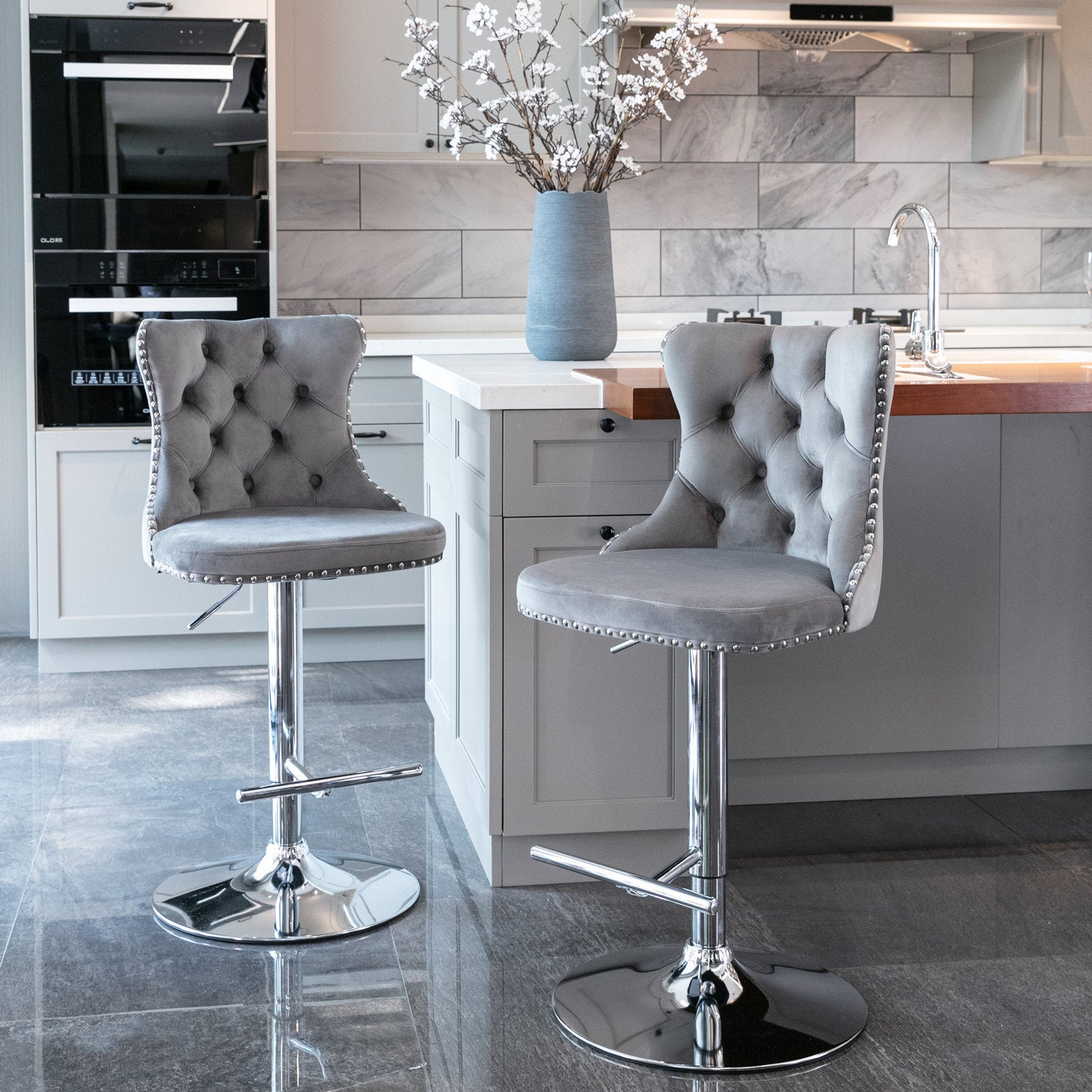 Gray Swivel Velvet Barstools Adjustable Seat (Set of 2)