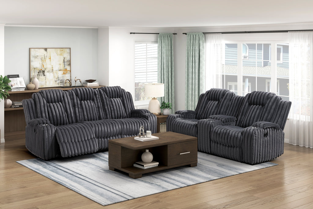 Dark Gray Ultra Comfort Sofa 2pc Set Reclining Sofa Loveseat Storage Console Cup Holders Premium Corduroy Living Room Furniture