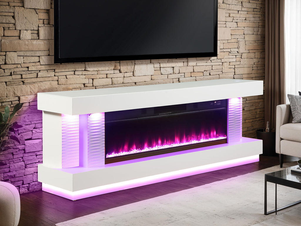 Contemporary Style TV Stand Electric Fire Place w/ Heater Included Fahrenheit & Celsius Display White Finish Primary Living Room