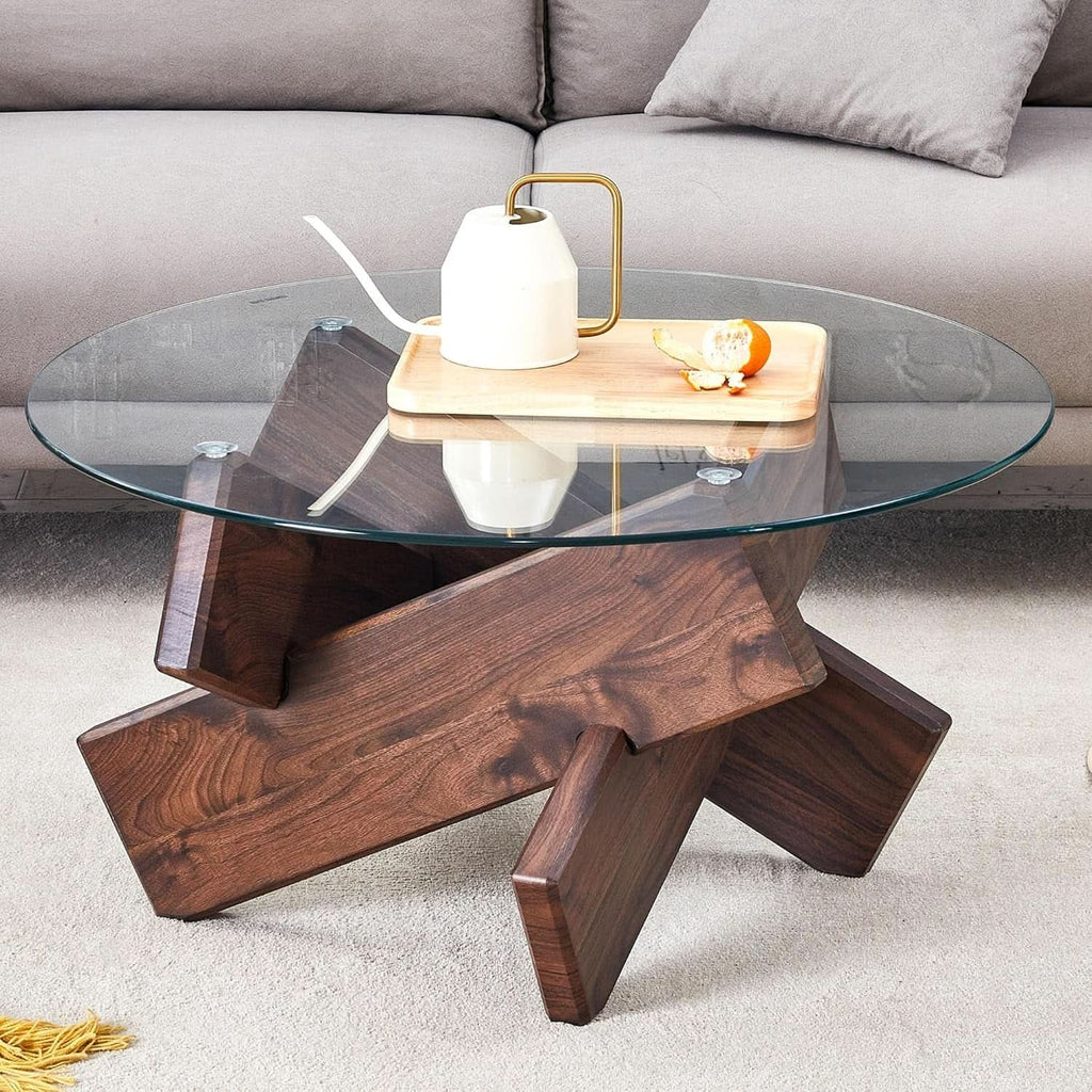 Walnut Round Glass Tempered Coffee Table 33.4I nches
