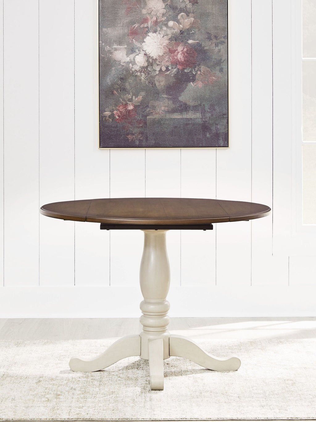 Wirloni - Round Dining Room Drop Leaf Table - Antique White / Brown-2