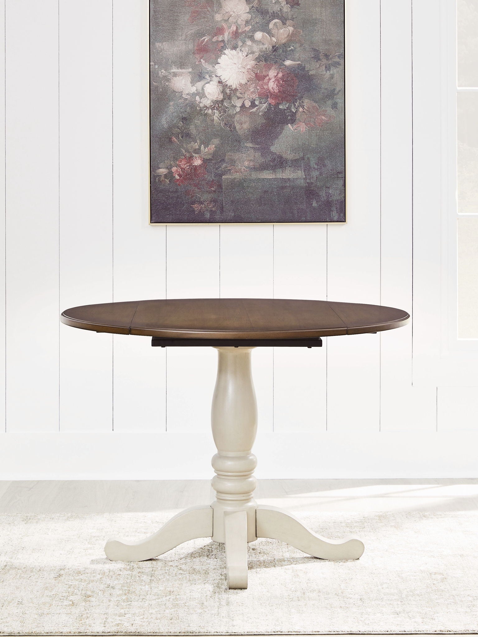 Wirloni - Round Dining Room Drop Leaf Table - Antique White / Brown-2