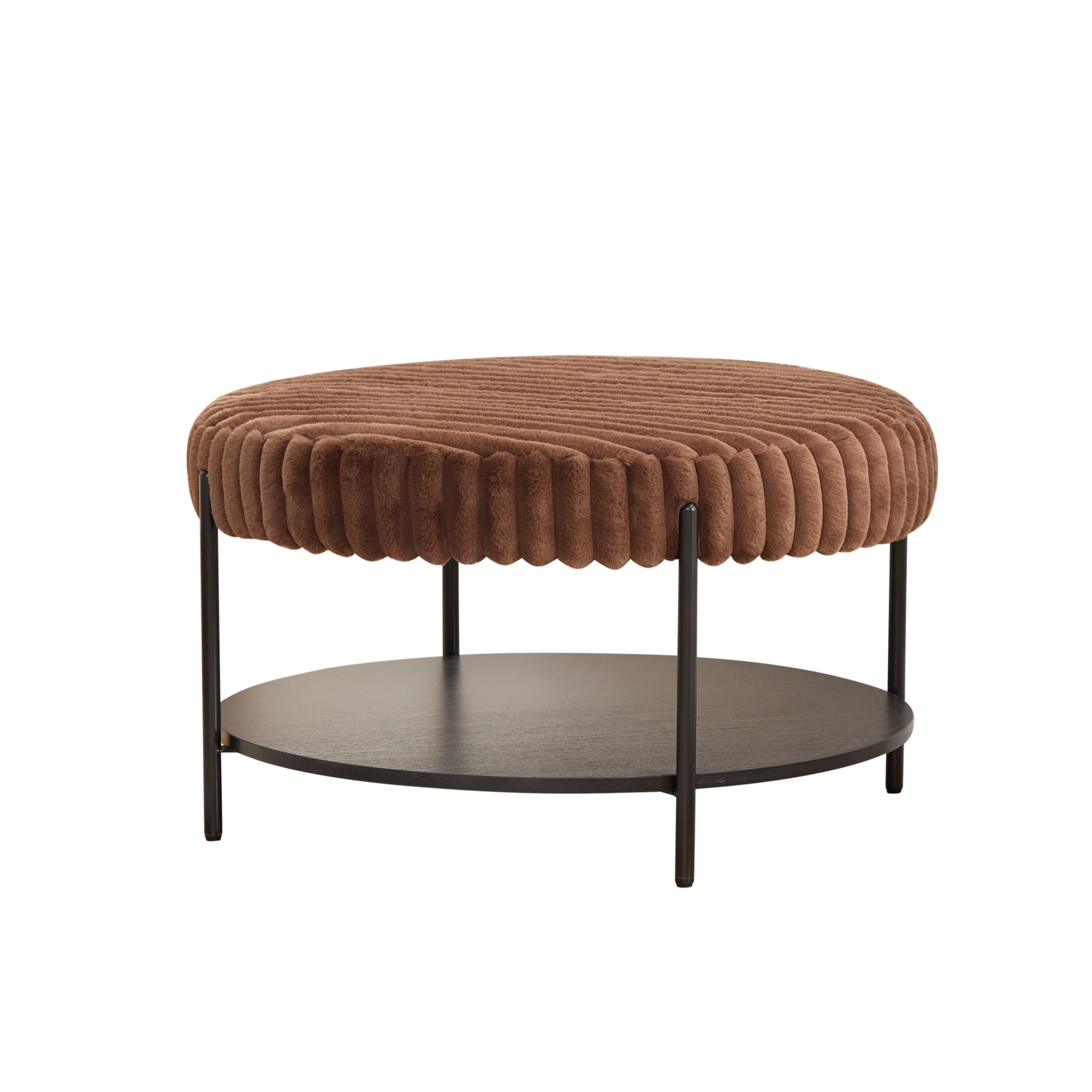 Upholstered Round Ottoman Coffee Table Foot Rest with Black Metal Legs, Brown Faux Fur, 30.9'