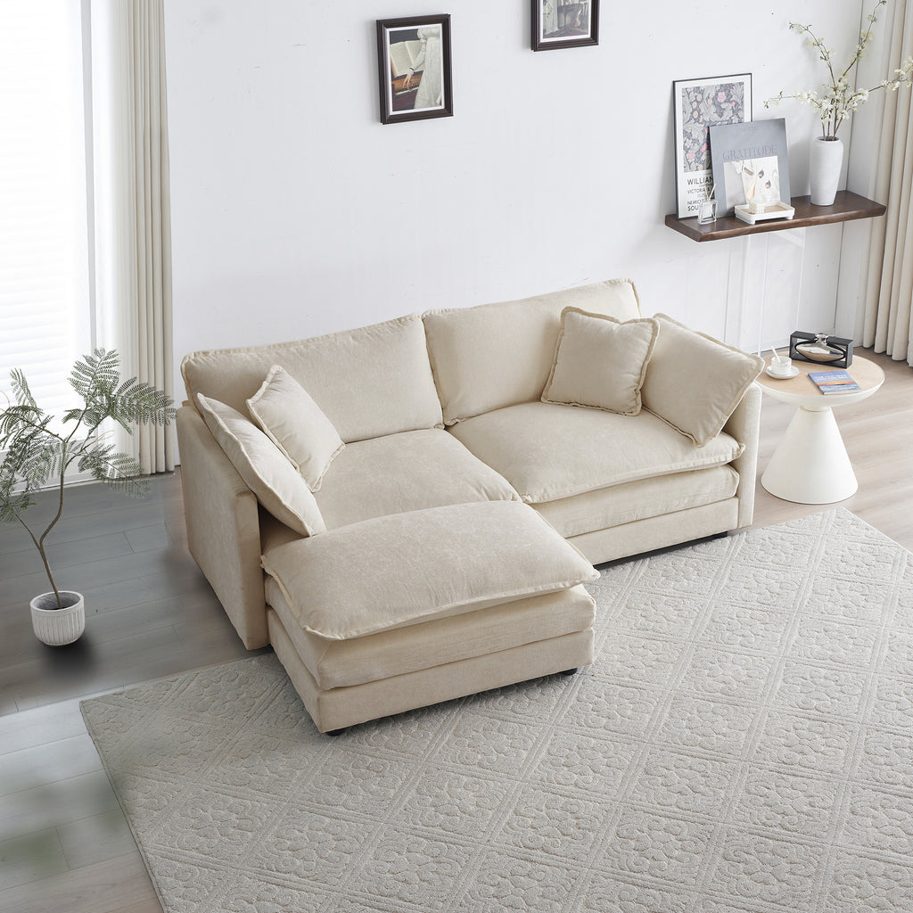 Chenille Two-Seater Sofa with 1 Footrest, 2 Seater L-Shaped Sectional with Ottoman,Loveseat with Ottoman for Small Living Space, Light Coffee Chenille