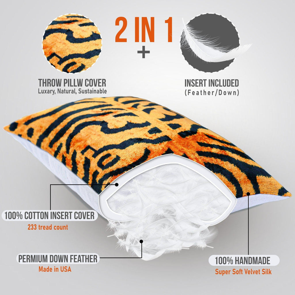 Canvello Handmade Tiger Print Velvet Throw Pillow with Down Insert - 16X24 in