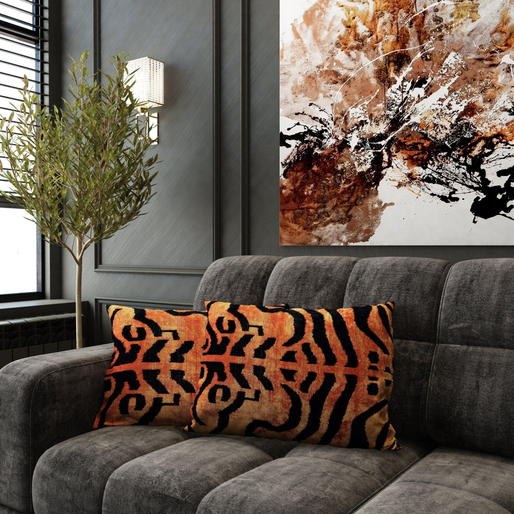 Canvello Handmade Tiger Print Velvet Throw Pillow with Down Insert - 16X24 in