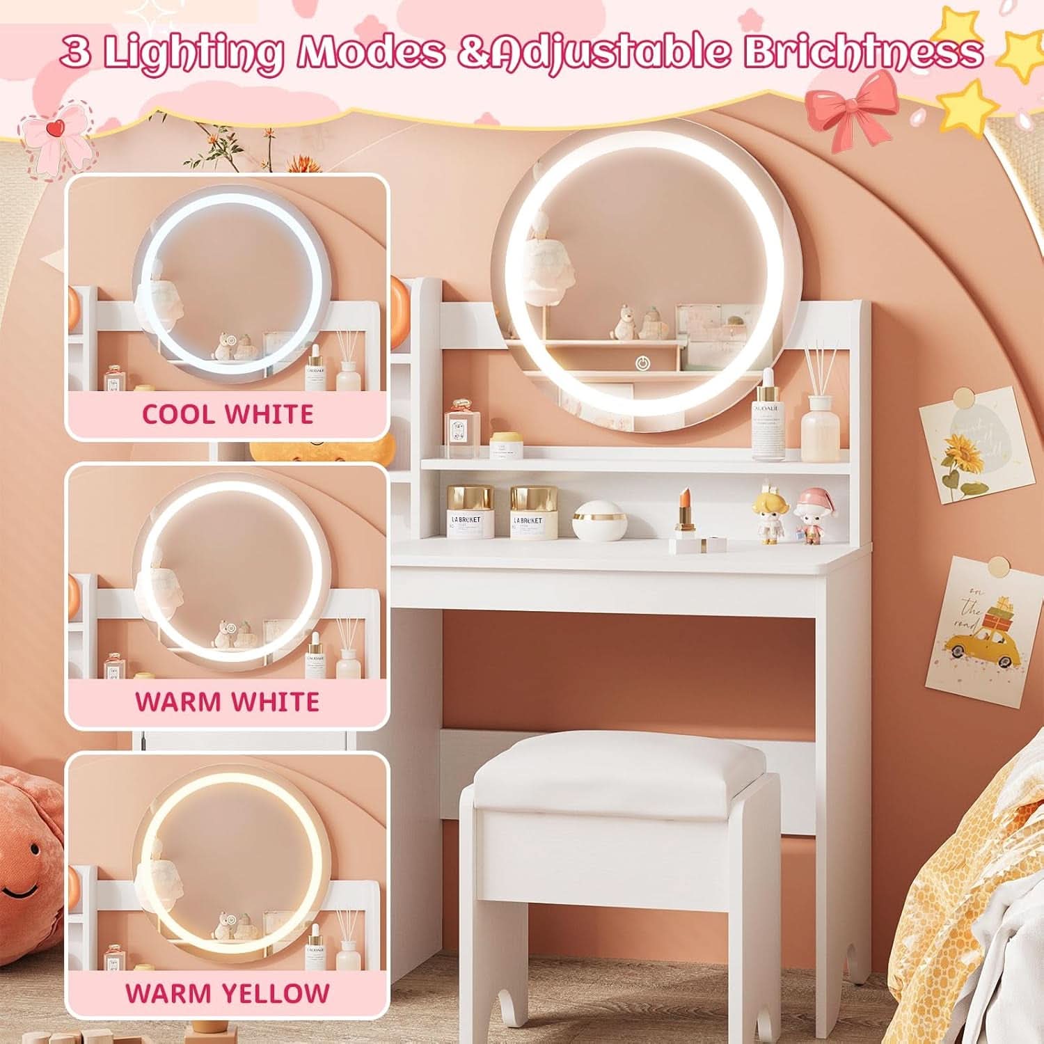 Kids Vanity Table Illuminated Ambient LED Lighting White-2