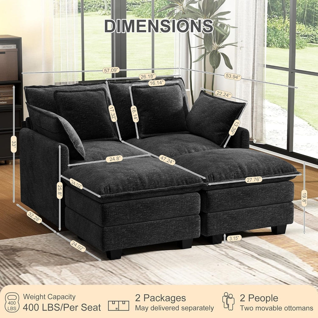 58 Inch Black Cloudlike Loveseat Removable Pillows-1