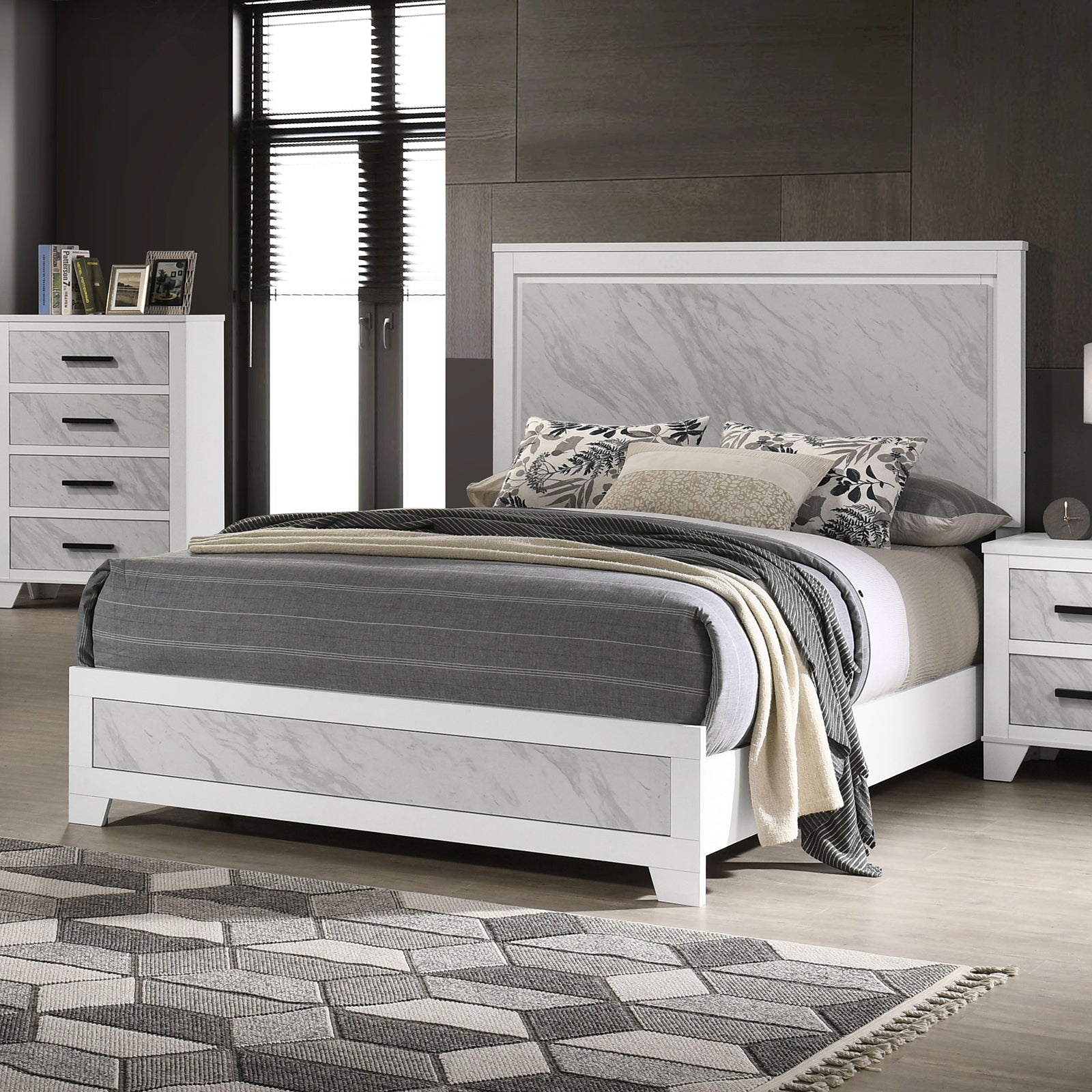 Contemporary White Color 1pc Queen Size Bed Beautiful Faux Marble Look Panel HB FB Bedroom Furniture