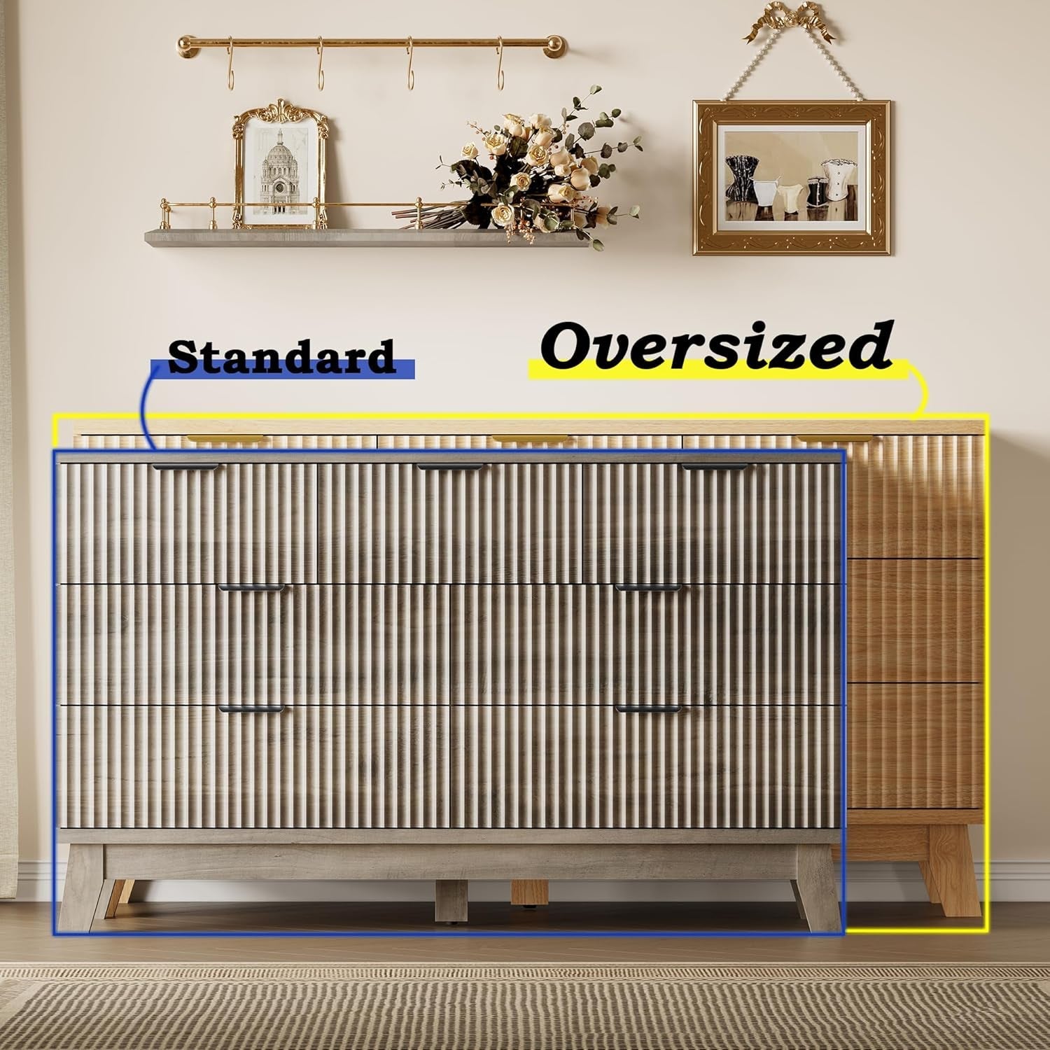 Fifty Seven Inch Fluted Seven Drawer Solid Wood Dresser