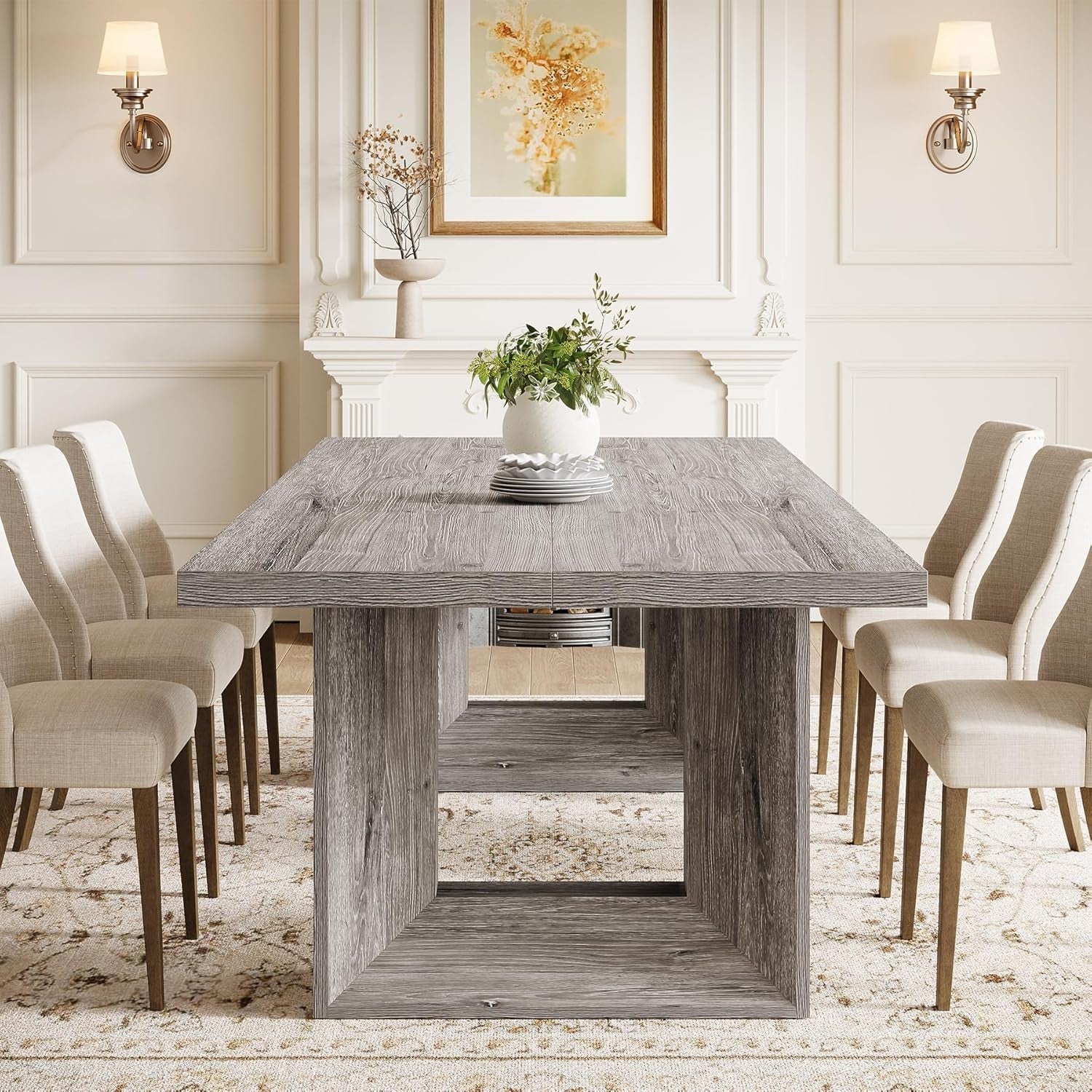 63 Inch Grey Farmhouse Dining Table Geometric Frame